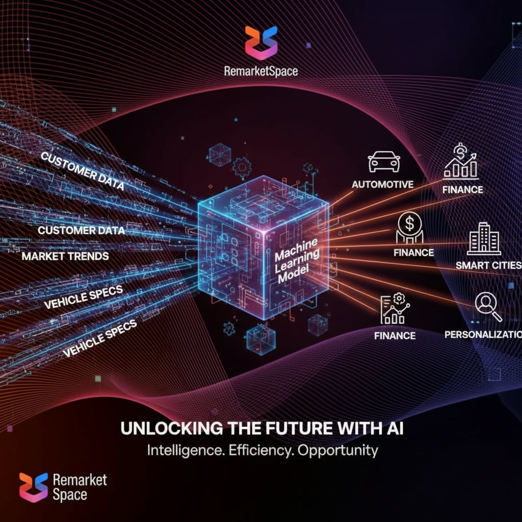 An abstract representation of data flowing into a machine learning model, with lines radiating out to various industries or applications, illustrating AI's widespread impact. Elements like graphs, gears, and interconnected networks could be included to symbolize efficiency gains and new opportunities.